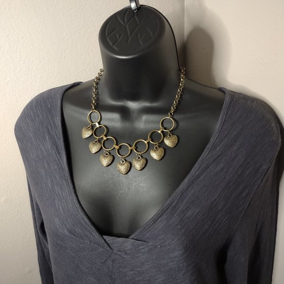 Dark Gold Tone Dangling Hearts Necklace Adjustable 17.5 To 19 Inches Long - Picture 1 of 10